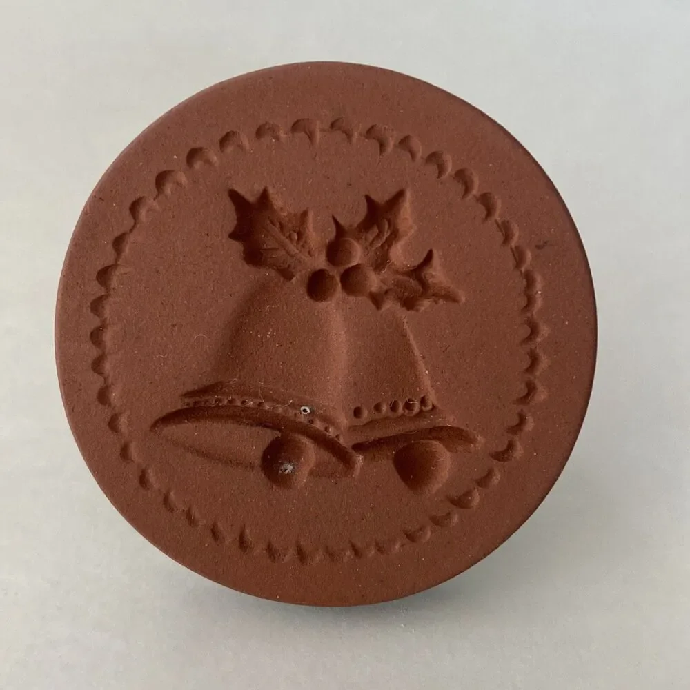 Rycraft Cookie Stamp Christmas Bells Terra Cotta 2” Round Handle Green Glaze